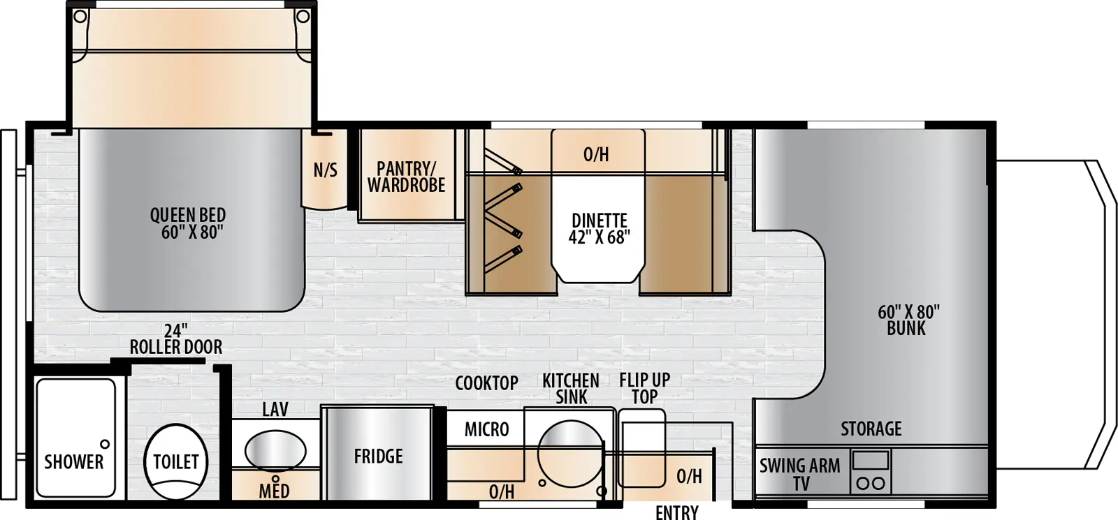 The College Avenue 2201S floorplan has one entry and one slide out. Exterior features include: 14' awning. Interiors features include: rear bedroom, rear bathroom and bunk over cab.